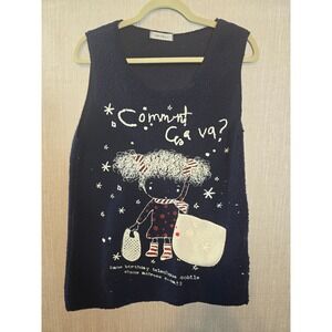 IGIGLI  Blue Sleeveless Top‎ Graphic Print "Comment Ça Va?" Girl Design size M